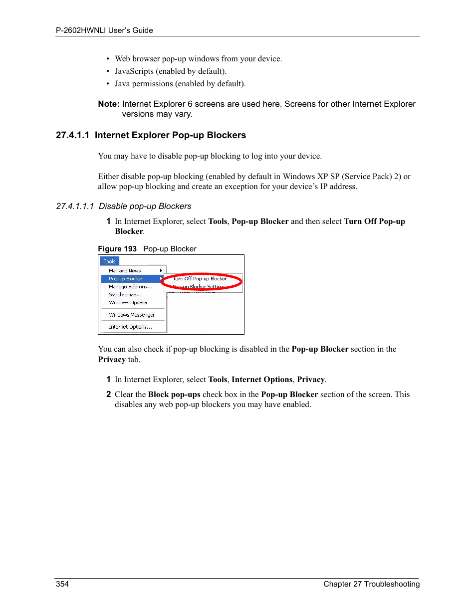 1 internet explorer pop-up blockers, Figure 193 pop-up blocker | ZyXEL Communications 802.11g Wireless ADSL2+ 4-port VoIP IAD P-2602HWNLI User Manual | Page 354 / 442