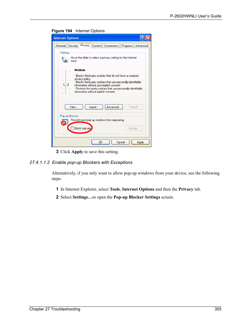Figure 194 internet options | ZyXEL Communications 802.11g Wireless ADSL2+ 4-port VoIP IAD P-2602HWNLI User Manual | Page 355 / 442
