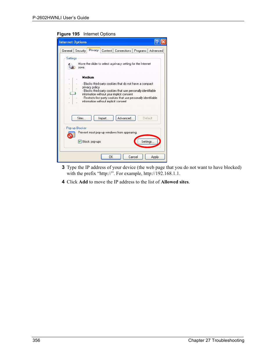 Figure 195 internet options | ZyXEL Communications 802.11g Wireless ADSL2+ 4-port VoIP IAD P-2602HWNLI User Manual | Page 356 / 442