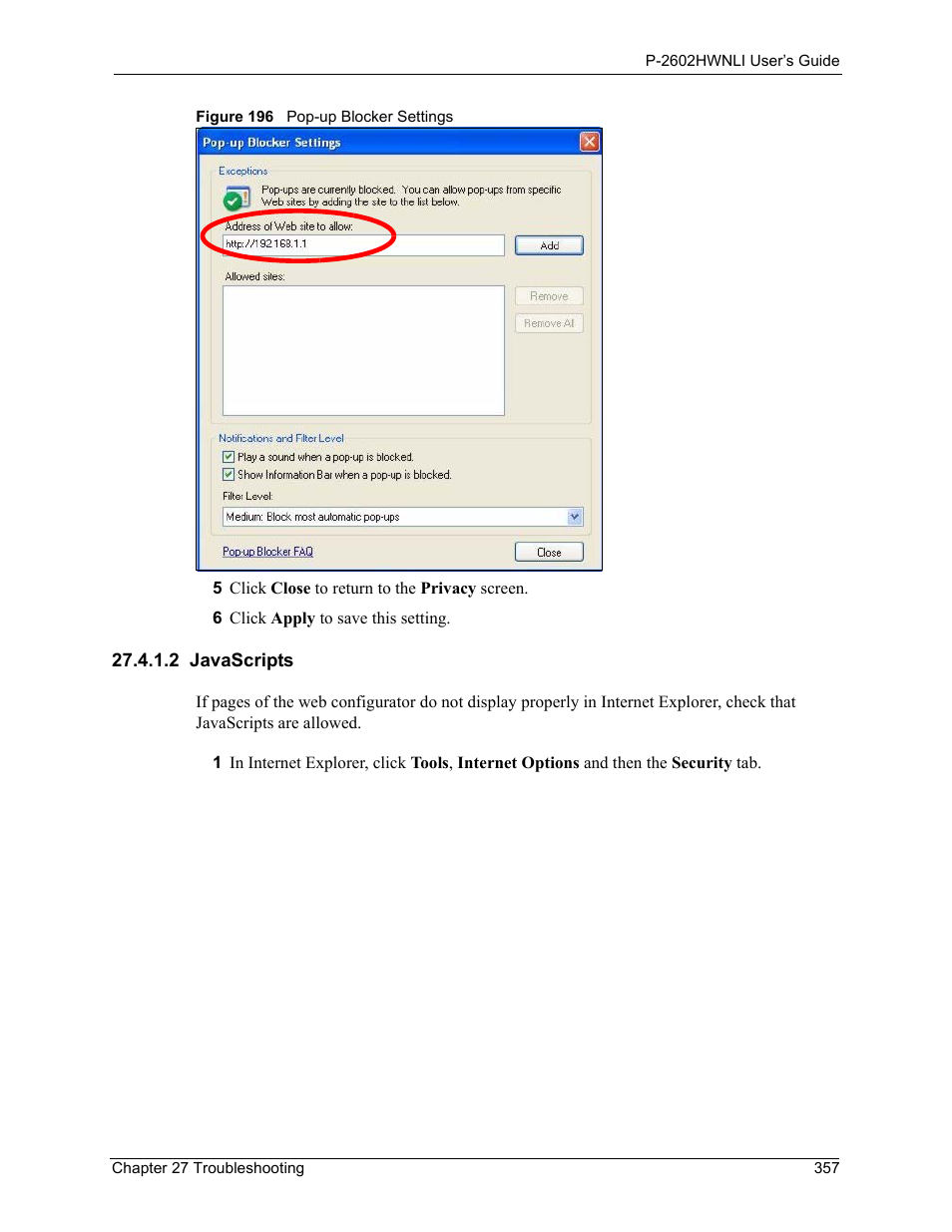 2 javascripts, Figure 196 pop-up blocker settings | ZyXEL Communications 802.11g Wireless ADSL2+ 4-port VoIP IAD P-2602HWNLI User Manual | Page 357 / 442