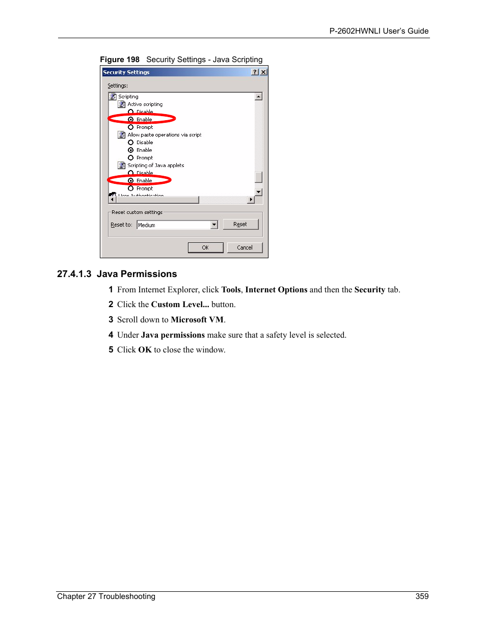 3 java permissions, Figure 198 security settings - java scripting | ZyXEL Communications 802.11g Wireless ADSL2+ 4-port VoIP IAD P-2602HWNLI User Manual | Page 359 / 442