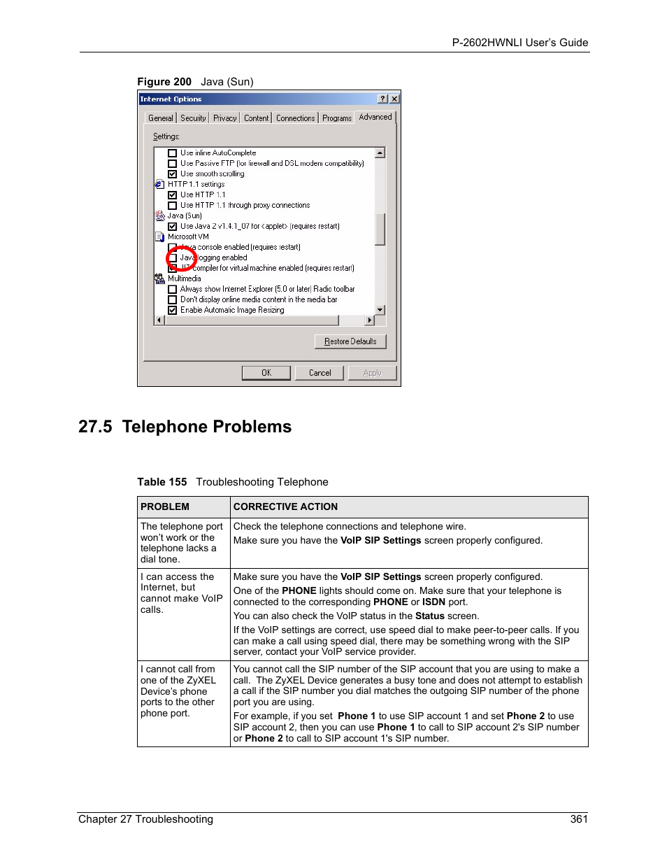 5 telephone problems, Figure 200 java (sun), Table 155 troubleshooting telephone | ZyXEL Communications 802.11g Wireless ADSL2+ 4-port VoIP IAD P-2602HWNLI User Manual | Page 361 / 442