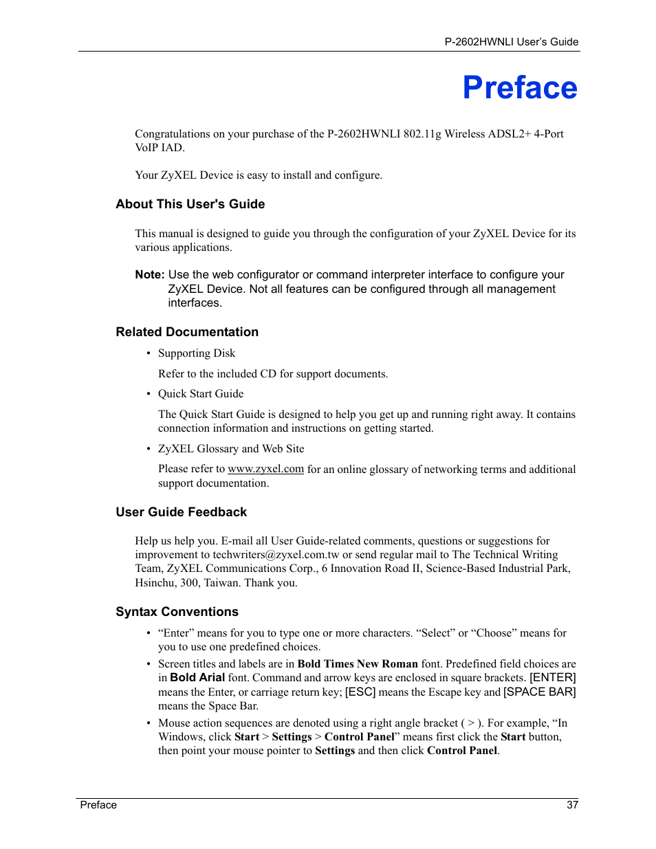 Preface | ZyXEL Communications 802.11g Wireless ADSL2+ 4-port VoIP IAD P-2602HWNLI User Manual | Page 37 / 442