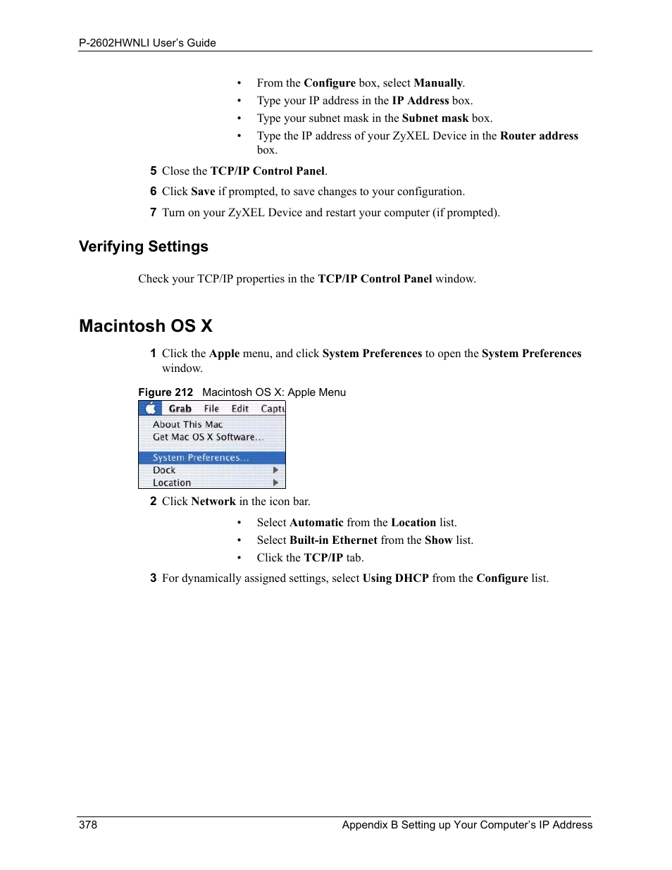Verifying settings, Macintosh os x, Figure 212 macintosh os x: apple menu | ZyXEL Communications 802.11g Wireless ADSL2+ 4-port VoIP IAD P-2602HWNLI User Manual | Page 378 / 442