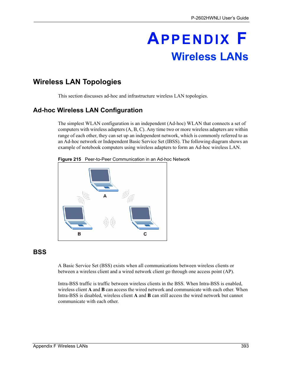 Wireless lans, Wireless lan topologies, Ad-hoc wireless lan configuration | Appendix f wireless lans, Ad-hoc wireless lan configuration bss | ZyXEL Communications 802.11g Wireless ADSL2+ 4-port VoIP IAD P-2602HWNLI User Manual | Page 393 / 442