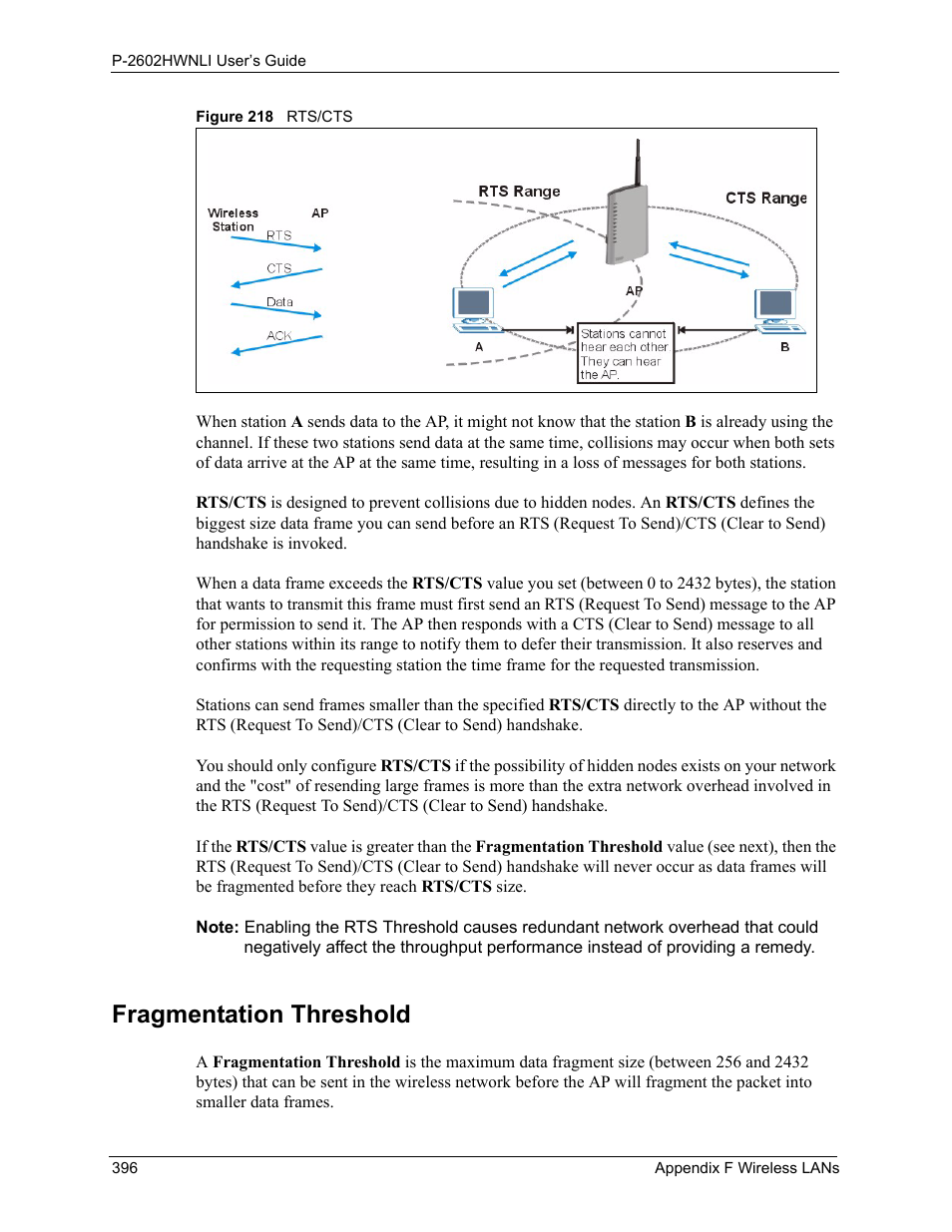 Fragmentation threshold, Figure 218 rts/cts | ZyXEL Communications 802.11g Wireless ADSL2+ 4-port VoIP IAD P-2602HWNLI User Manual | Page 396 / 442