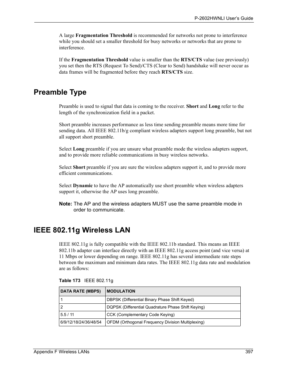 Preamble type, Ieee 802.11g wireless lan, Preamble type ieee 802.11g wireless lan | Table 173 ieee 802.11g | ZyXEL Communications 802.11g Wireless ADSL2+ 4-port VoIP IAD P-2602HWNLI User Manual | Page 397 / 442