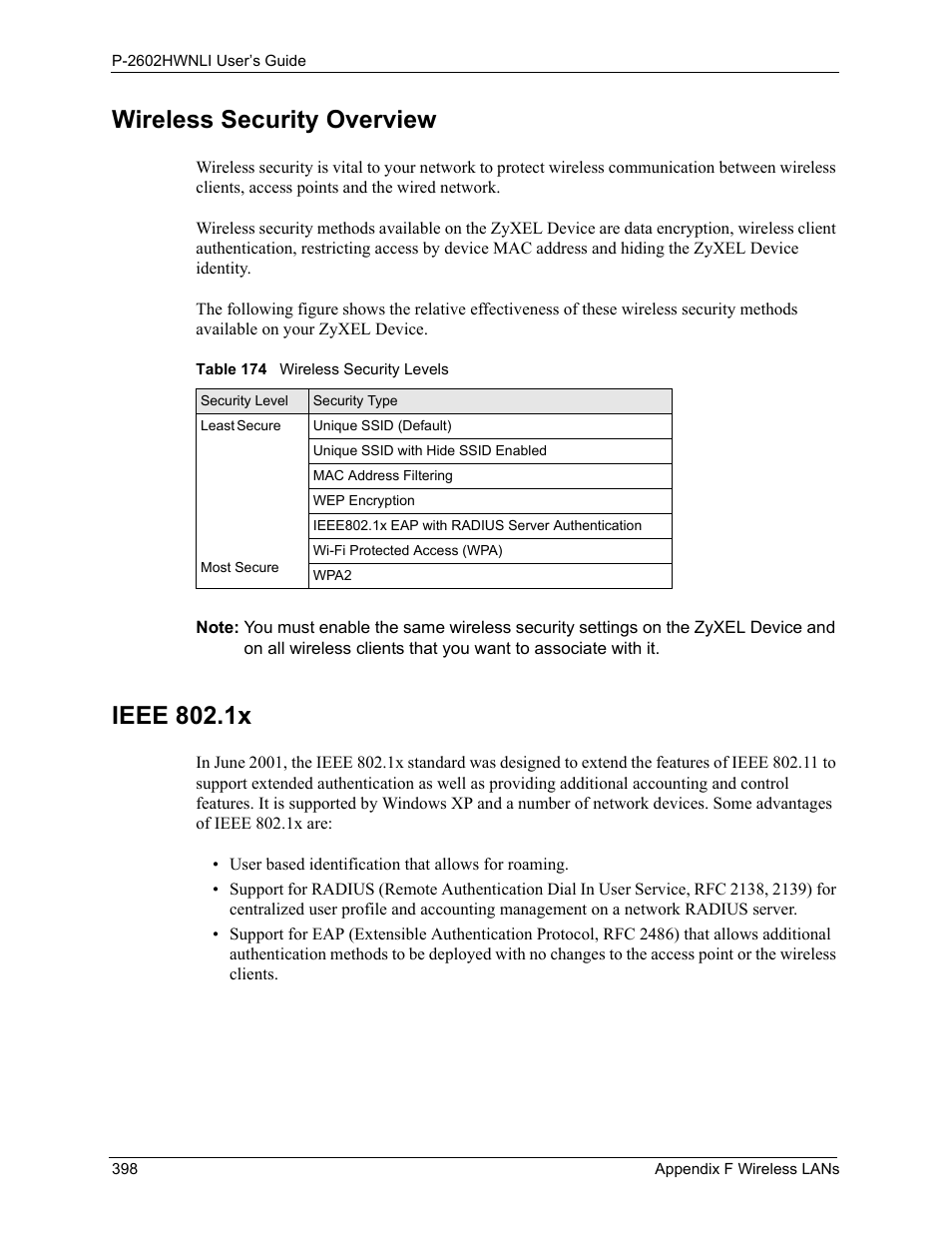 Wireless security overview, Ieee 802.1x, Wireless security overview ieee 802.1x | Table 174 wireless security levels | ZyXEL Communications 802.11g Wireless ADSL2+ 4-port VoIP IAD P-2602HWNLI User Manual | Page 398 / 442