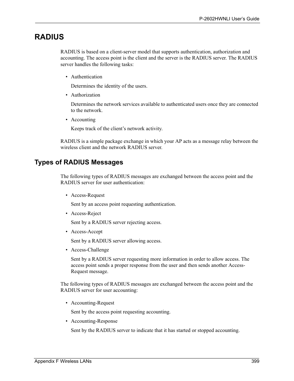 Radius, Types of radius messages | ZyXEL Communications 802.11g Wireless ADSL2+ 4-port VoIP IAD P-2602HWNLI User Manual | Page 399 / 442