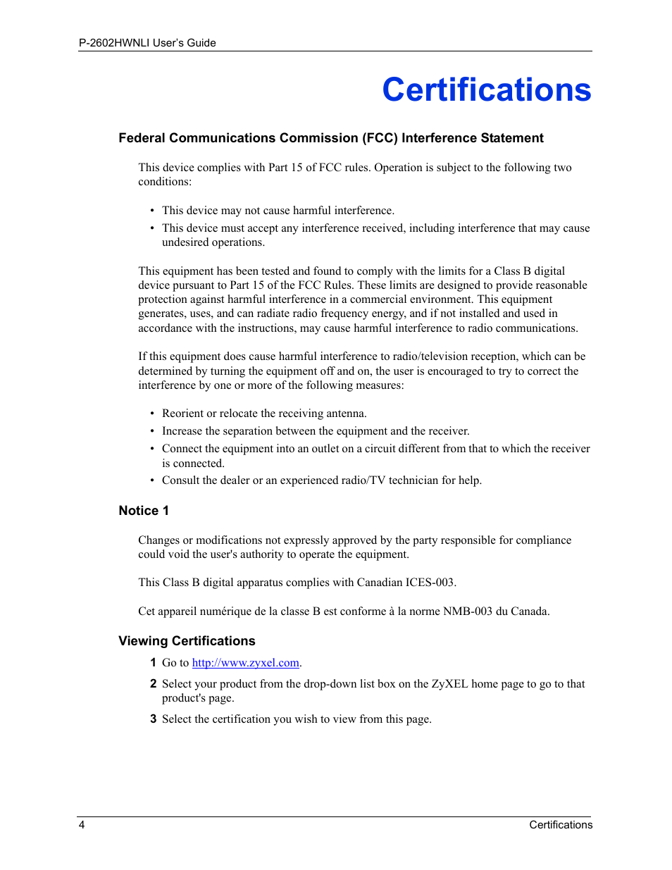 Certifications | ZyXEL Communications 802.11g Wireless ADSL2+ 4-port VoIP IAD P-2602HWNLI User Manual | Page 4 / 442