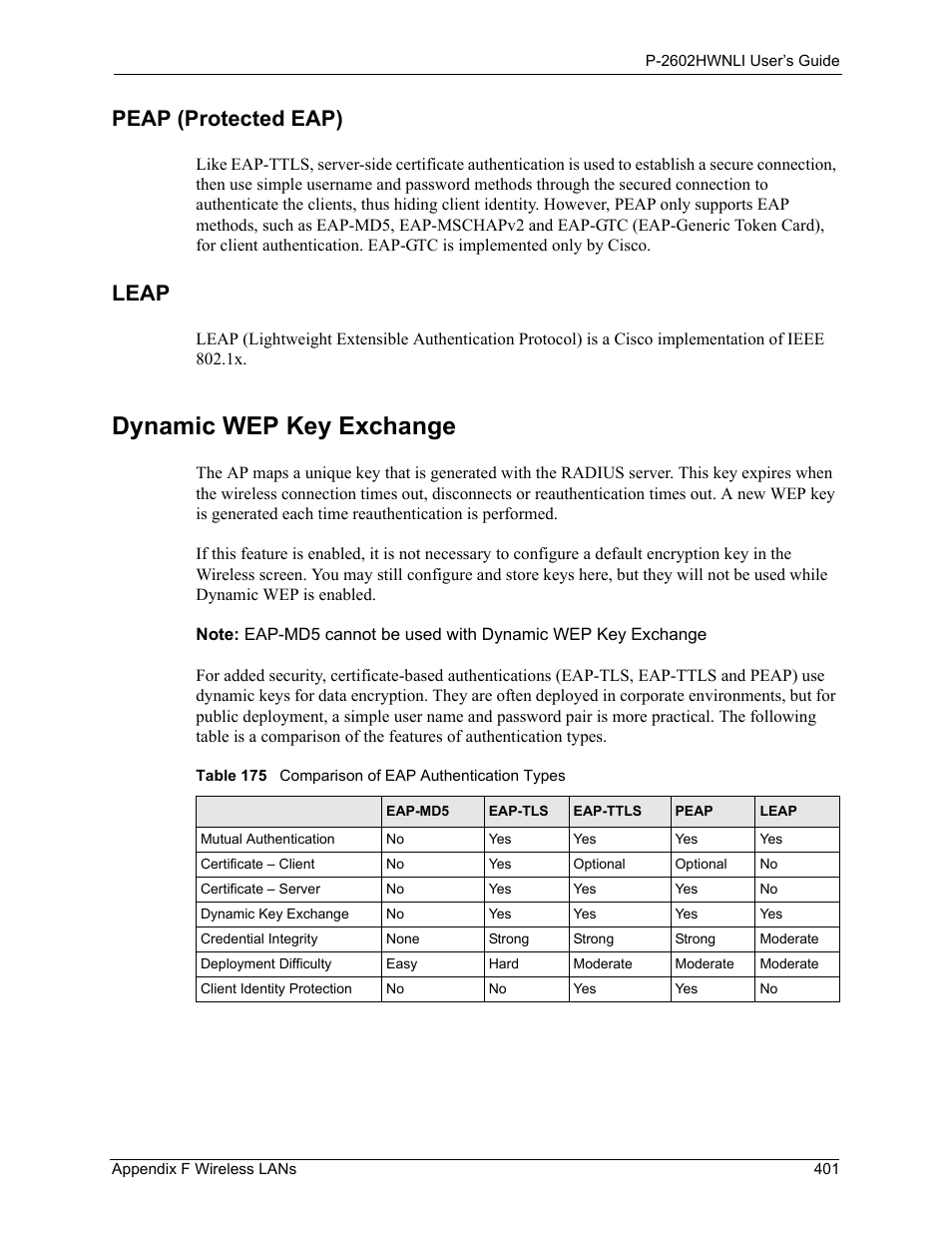 Peap (protected eap), Leap, Dynamic wep key exchange | Peap (protected eap) leap, Table 175 comparison of eap authentication types | ZyXEL Communications 802.11g Wireless ADSL2+ 4-port VoIP IAD P-2602HWNLI User Manual | Page 401 / 442