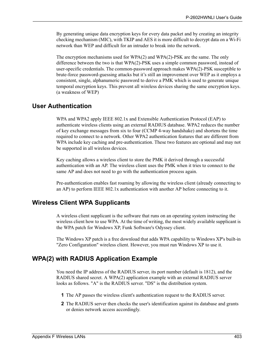 User authentication, Wireless client wpa supplicants, Wpa(2) with radius application example | ZyXEL Communications 802.11g Wireless ADSL2+ 4-port VoIP IAD P-2602HWNLI User Manual | Page 403 / 442