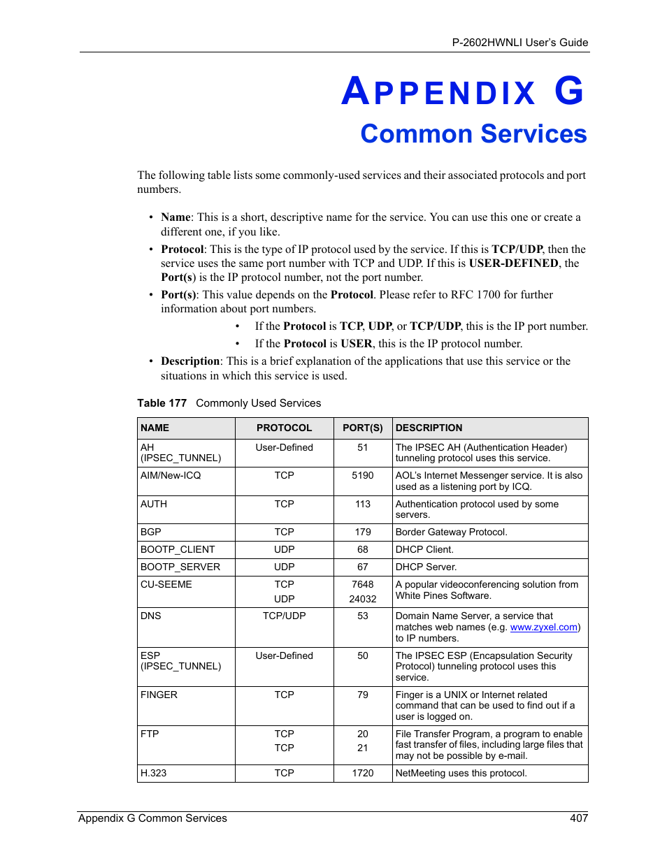 Common services, Appendix g common services, Table 177 commonly used services | ZyXEL Communications 802.11g Wireless ADSL2+ 4-port VoIP IAD P-2602HWNLI User Manual | Page 407 / 442