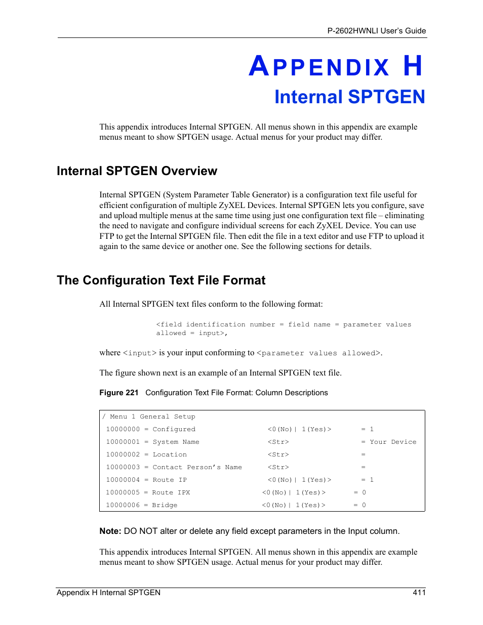 Internal sptgen, Internal sptgen overview, The configuration text file format | Appendix h internal sptgen | ZyXEL Communications 802.11g Wireless ADSL2+ 4-port VoIP IAD P-2602HWNLI User Manual | Page 411 / 442