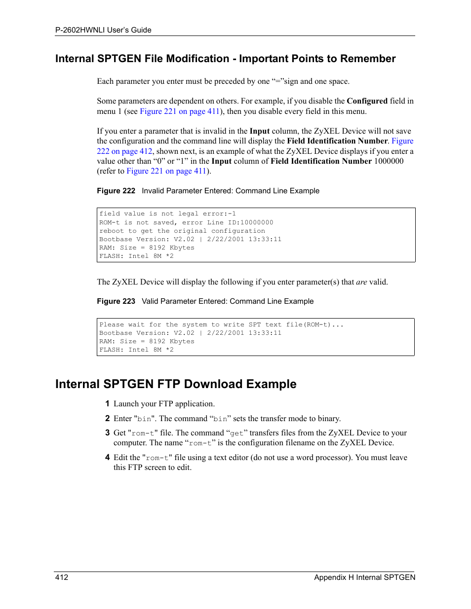 Internal sptgen ftp download example | ZyXEL Communications 802.11g Wireless ADSL2+ 4-port VoIP IAD P-2602HWNLI User Manual | Page 412 / 442