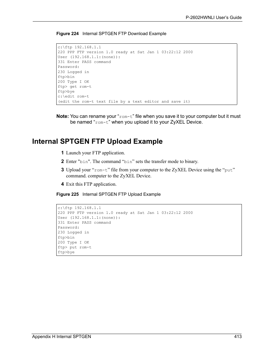 Internal sptgen ftp upload example | ZyXEL Communications 802.11g Wireless ADSL2+ 4-port VoIP IAD P-2602HWNLI User Manual | Page 413 / 442