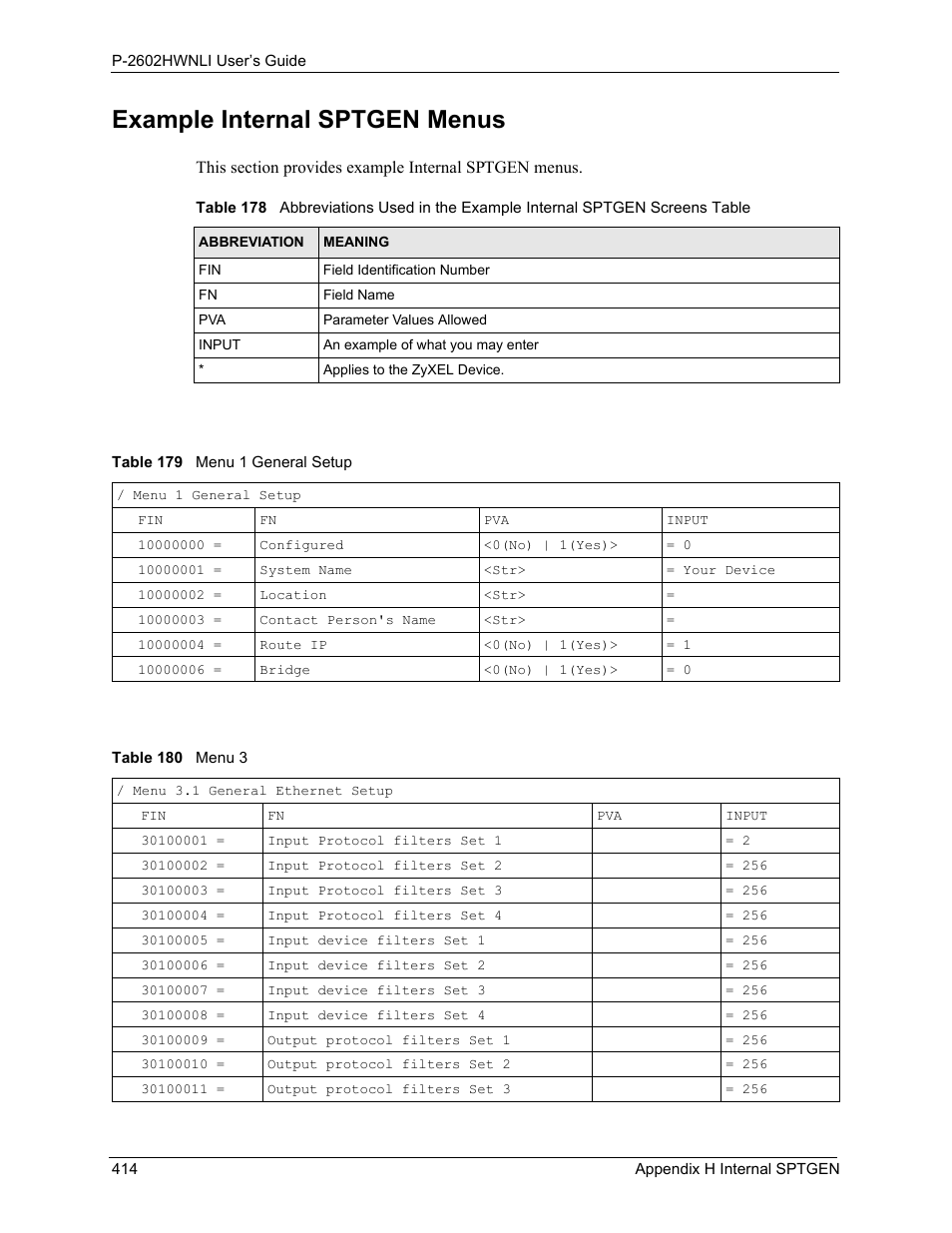 Example internal sptgen menus | ZyXEL Communications 802.11g Wireless ADSL2+ 4-port VoIP IAD P-2602HWNLI User Manual | Page 414 / 442