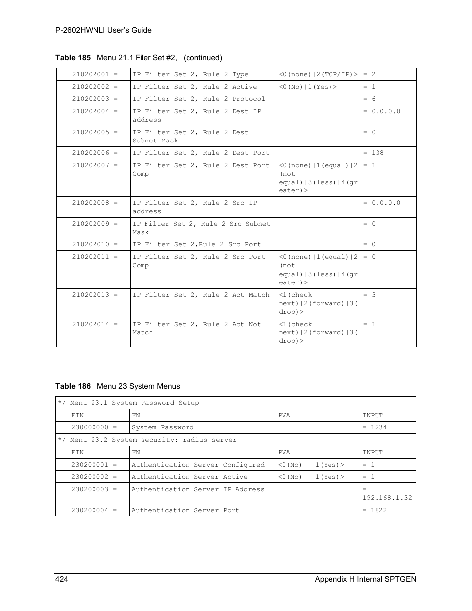 Table 186 menu 23 system menus | ZyXEL Communications 802.11g Wireless ADSL2+ 4-port VoIP IAD P-2602HWNLI User Manual | Page 424 / 442