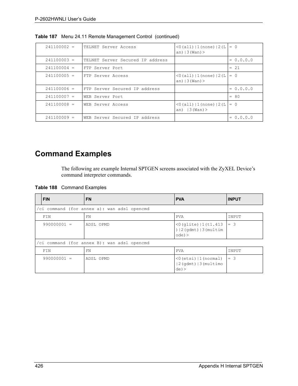 Command examples, Table 188 command examples | ZyXEL Communications 802.11g Wireless ADSL2+ 4-port VoIP IAD P-2602HWNLI User Manual | Page 426 / 442