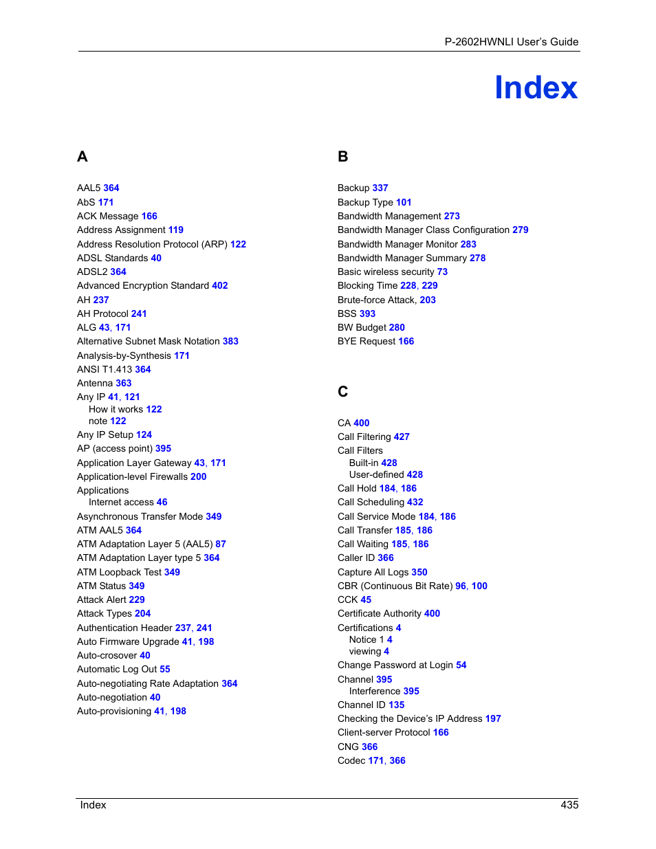 Index | ZyXEL Communications 802.11g Wireless ADSL2+ 4-port VoIP IAD P-2602HWNLI User Manual | Page 435 / 442