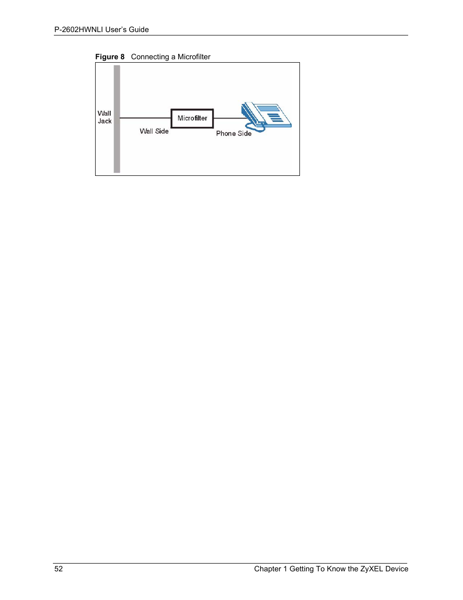 Figure 8 connecting a microfilter | ZyXEL Communications 802.11g Wireless ADSL2+ 4-port VoIP IAD P-2602HWNLI User Manual | Page 52 / 442