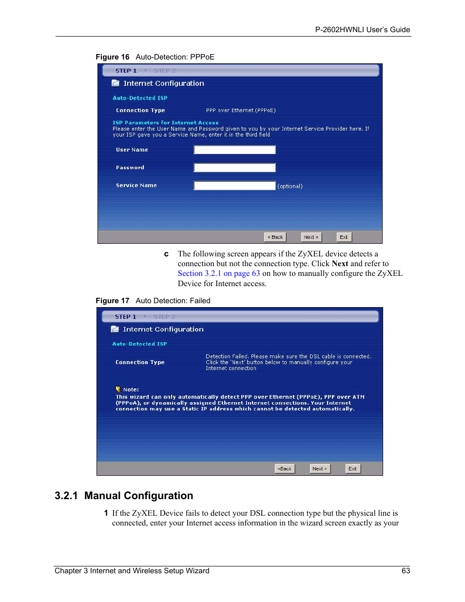 1 manual configuration, Section | ZyXEL Communications 802.11g Wireless ADSL2+ 4-port VoIP IAD P-2602HWNLI User Manual | Page 63 / 442
