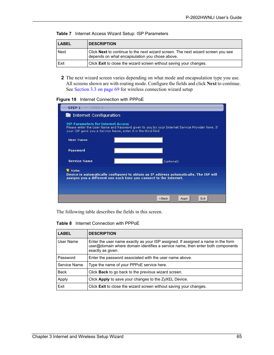 Figure 19 internet connection with pppoe, Table 8 internet connection with pppoe | ZyXEL Communications 802.11g Wireless ADSL2+ 4-port VoIP IAD P-2602HWNLI User Manual | Page 65 / 442