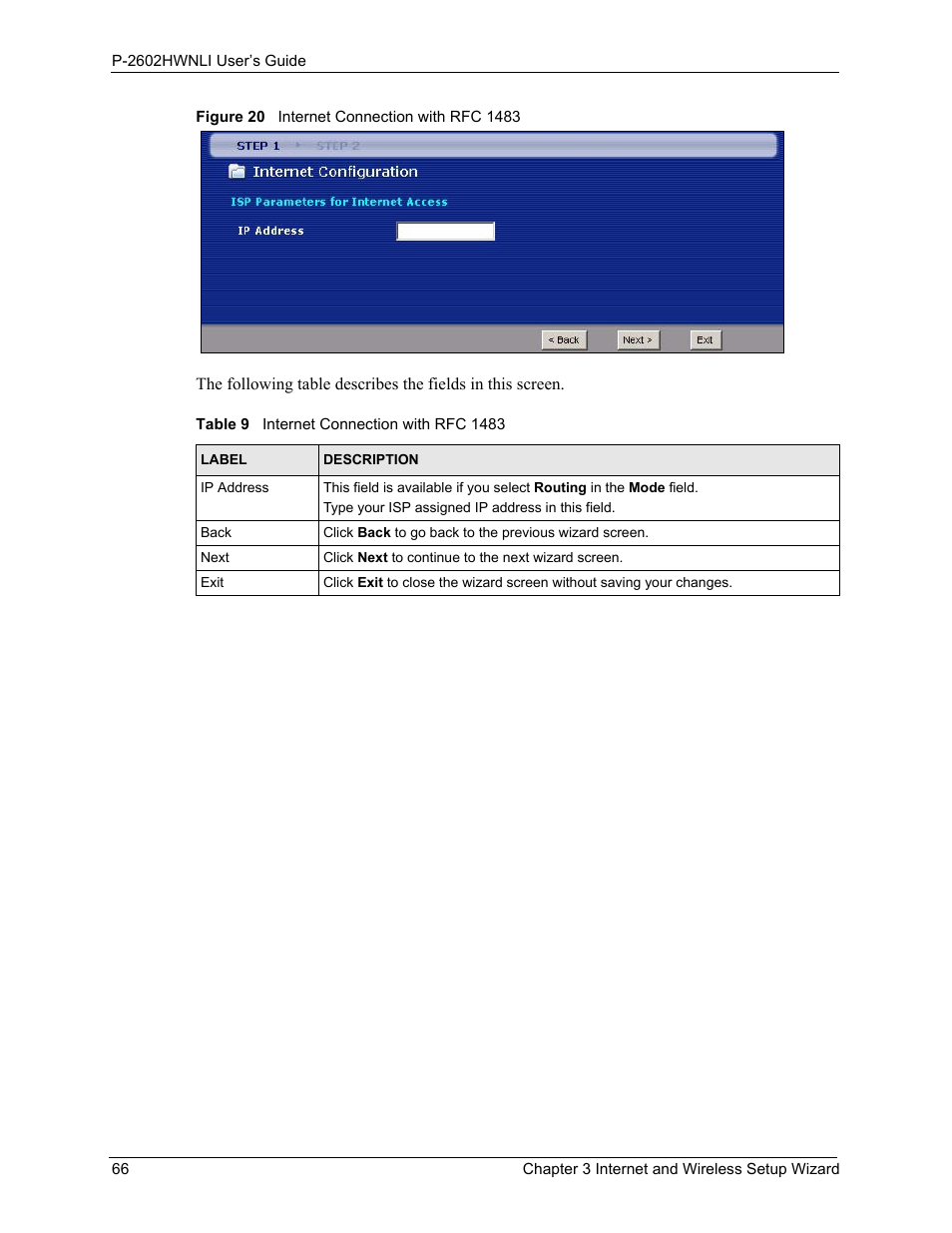 Figure 20 internet connection with rfc 1483, Table 9 internet connection with rfc 1483 | ZyXEL Communications 802.11g Wireless ADSL2+ 4-port VoIP IAD P-2602HWNLI User Manual | Page 66 / 442