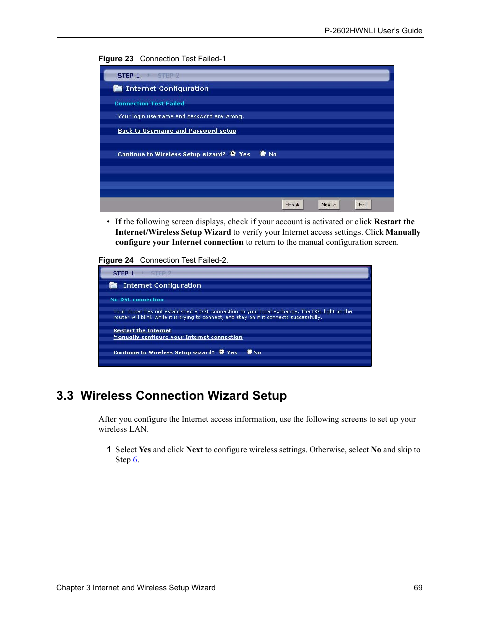 3 wireless connection wizard setup | ZyXEL Communications 802.11g Wireless ADSL2+ 4-port VoIP IAD P-2602HWNLI User Manual | Page 69 / 442