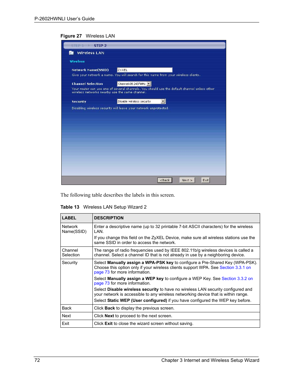Figure 27 wireless lan, Table 13 wireless lan setup wizard 2 | ZyXEL Communications 802.11g Wireless ADSL2+ 4-port VoIP IAD P-2602HWNLI User Manual | Page 72 / 442