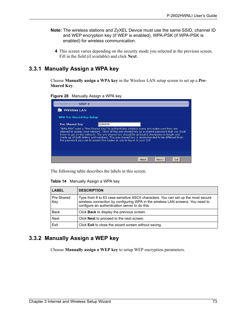 Figure 28 manually assign a wpa key, Table 14 manually assign a wpa key, Section 3.3.1 on | Section 3.3.2 on, 1 manually assign a wpa key, 2 manually assign a wep key | ZyXEL Communications 802.11g Wireless ADSL2+ 4-port VoIP IAD P-2602HWNLI User Manual | Page 73 / 442