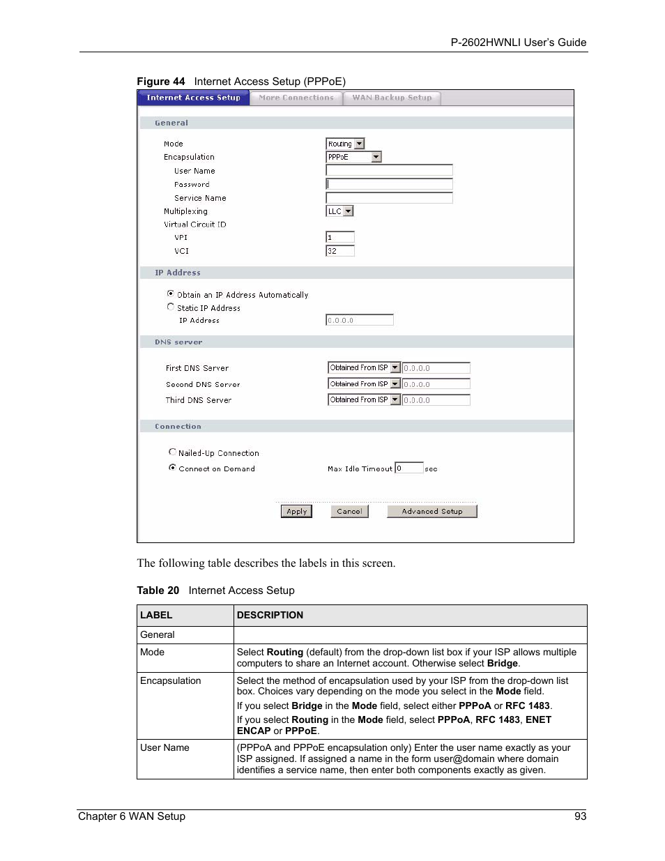 Figure 44 internet access setup (pppoe), Table 20 internet access setup | ZyXEL Communications 802.11g Wireless ADSL2+ 4-port VoIP IAD P-2602HWNLI User Manual | Page 93 / 442
