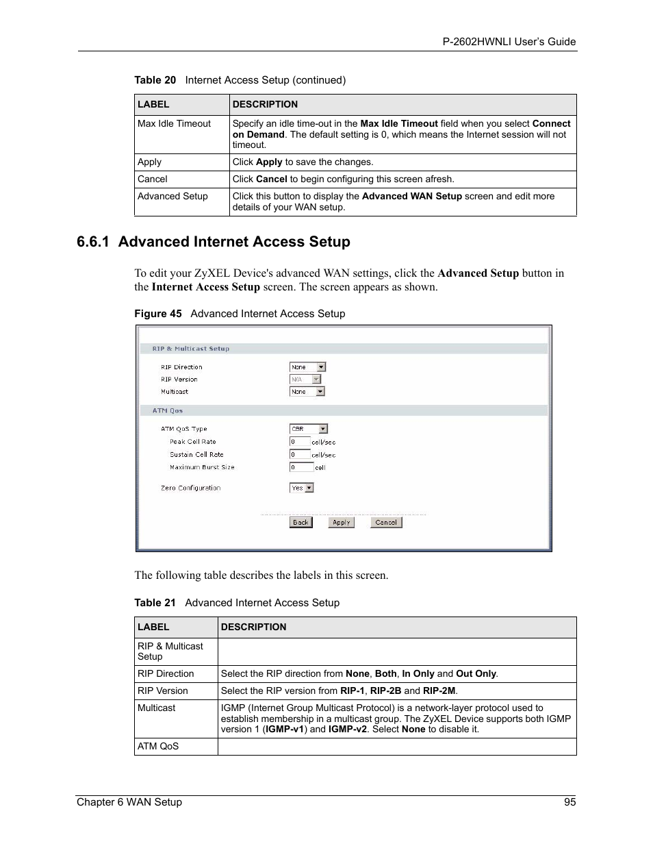 1 advanced internet access setup, Figure 45 advanced internet access setup, Table 21 advanced internet access setup | ZyXEL Communications 802.11g Wireless ADSL2+ 4-port VoIP IAD P-2602HWNLI User Manual | Page 95 / 442