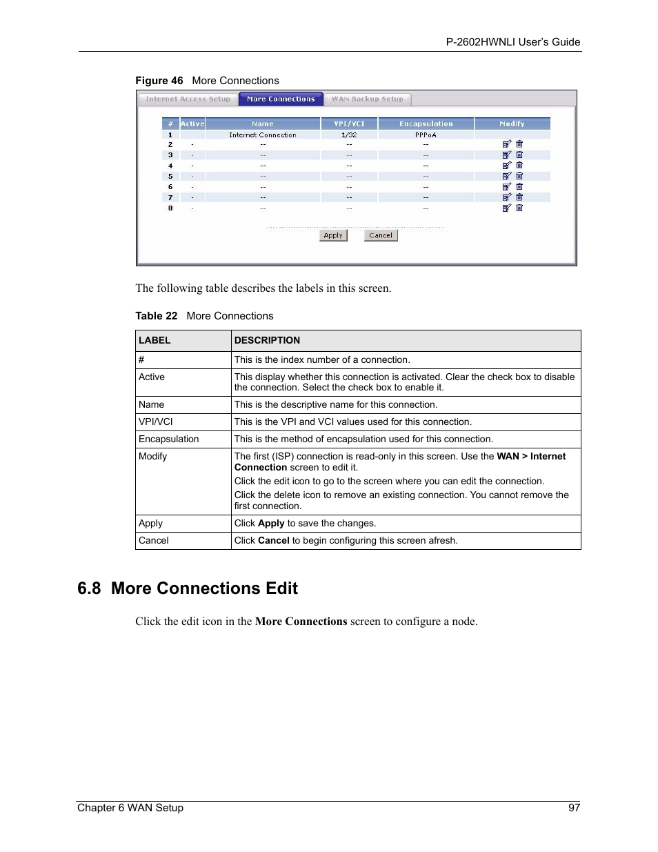 8 more connections edit, Figure 46 more connections, Table 22 more connections | ZyXEL Communications 802.11g Wireless ADSL2+ 4-port VoIP IAD P-2602HWNLI User Manual | Page 97 / 442