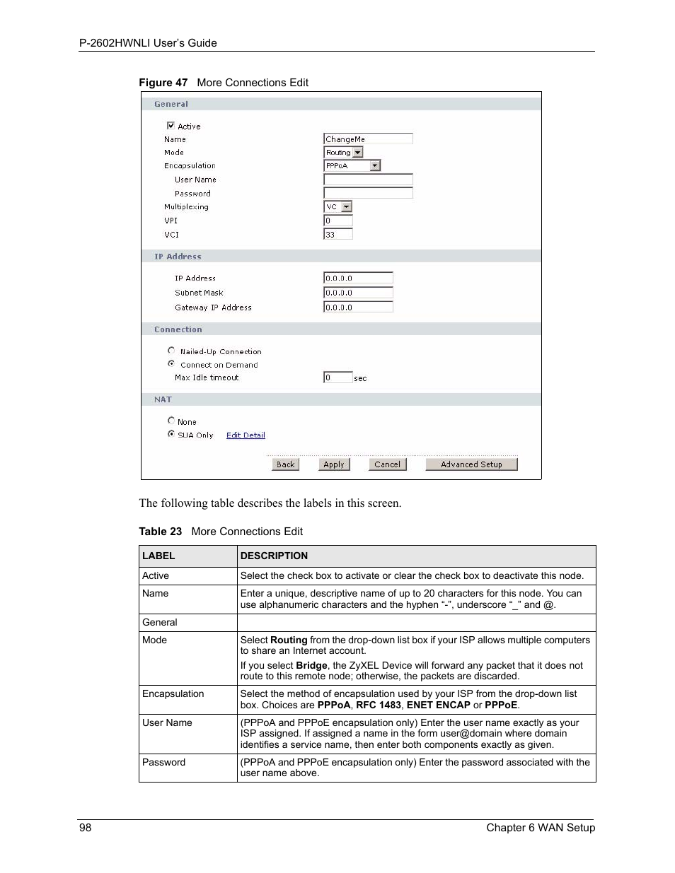 Figure 47 more connections edit, Table 23 more connections edit | ZyXEL Communications 802.11g Wireless ADSL2+ 4-port VoIP IAD P-2602HWNLI User Manual | Page 98 / 442