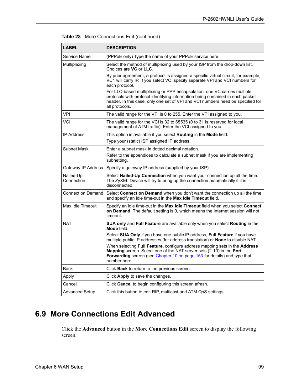 9 more connections edit advanced | ZyXEL Communications 802.11g Wireless ADSL2+ 4-port VoIP IAD P-2602HWNLI User Manual | Page 99 / 442