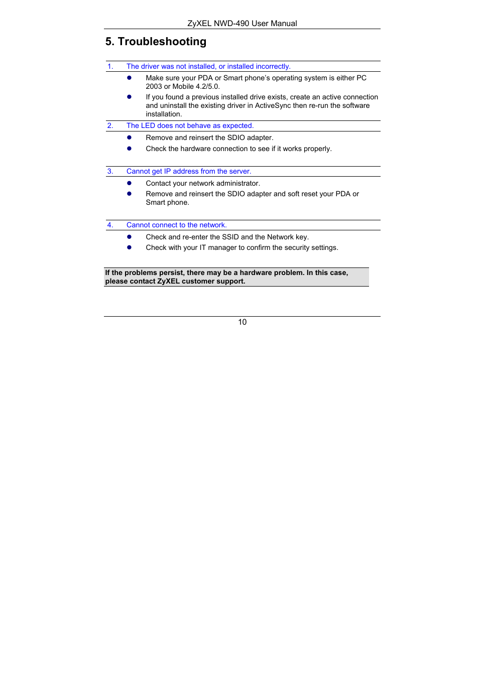 Troubleshooting | ZyXEL Communications NWD-490 User Manual | Page 11 / 12