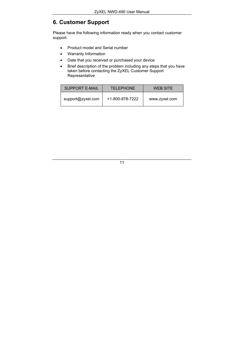 Customer support | ZyXEL Communications NWD-490 User Manual | Page 12 / 12