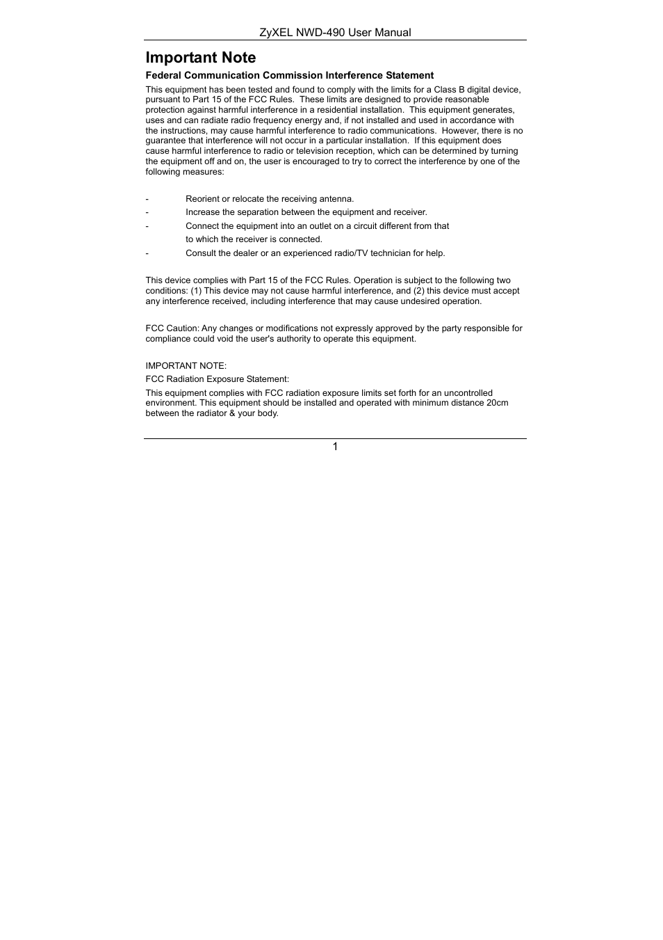 Important note | ZyXEL Communications NWD-490 User Manual | Page 2 / 12