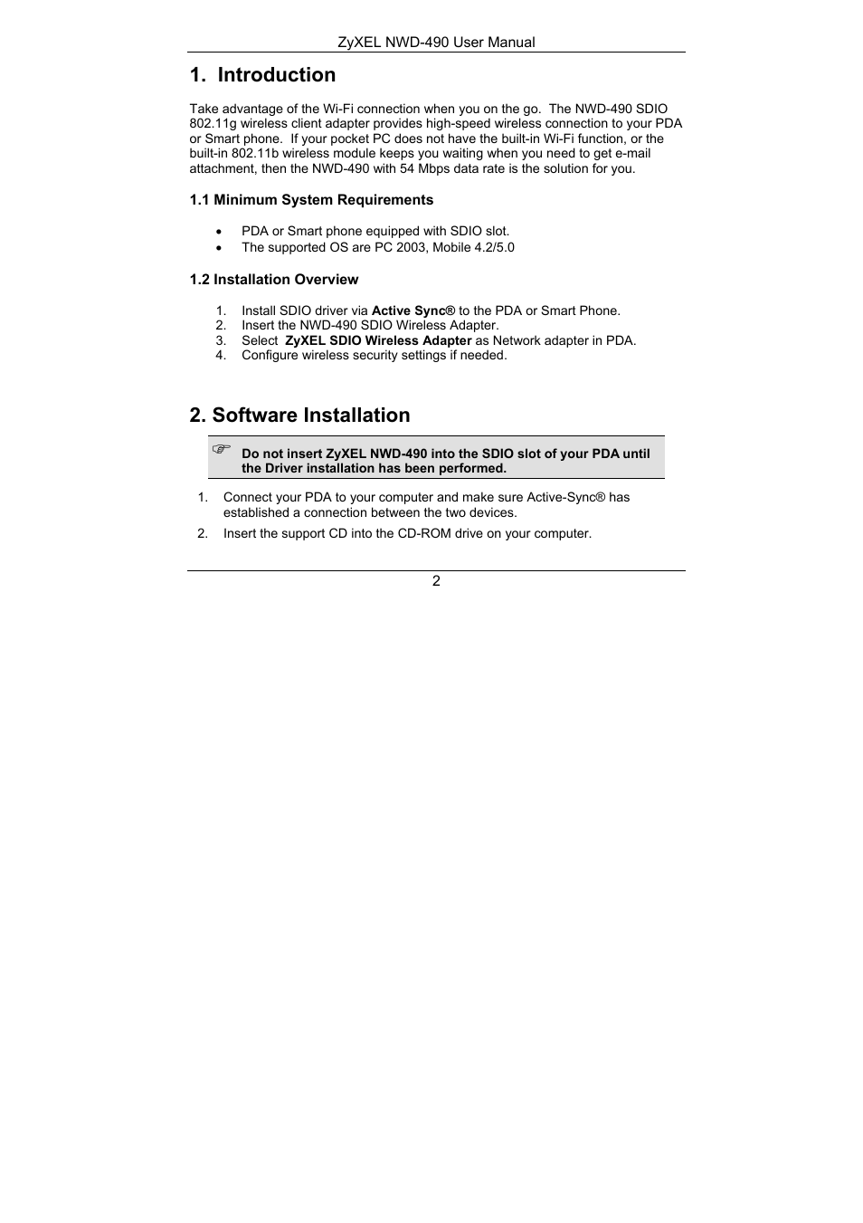 Introduction, 1 minimum system requirements, 2 installation overview | Software installation | ZyXEL Communications NWD-490 User Manual | Page 3 / 12