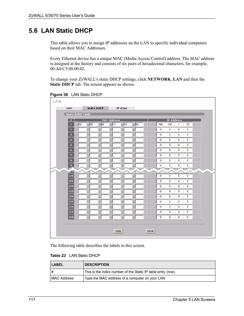 Figure 36 lan static dhcp, Table 23 lan static dhcp, 6 lan static dhcp | ZyXEL Communications Internet Security Appliance ZyWALL5UTM 4.0 User Manual | Page 111 / 803