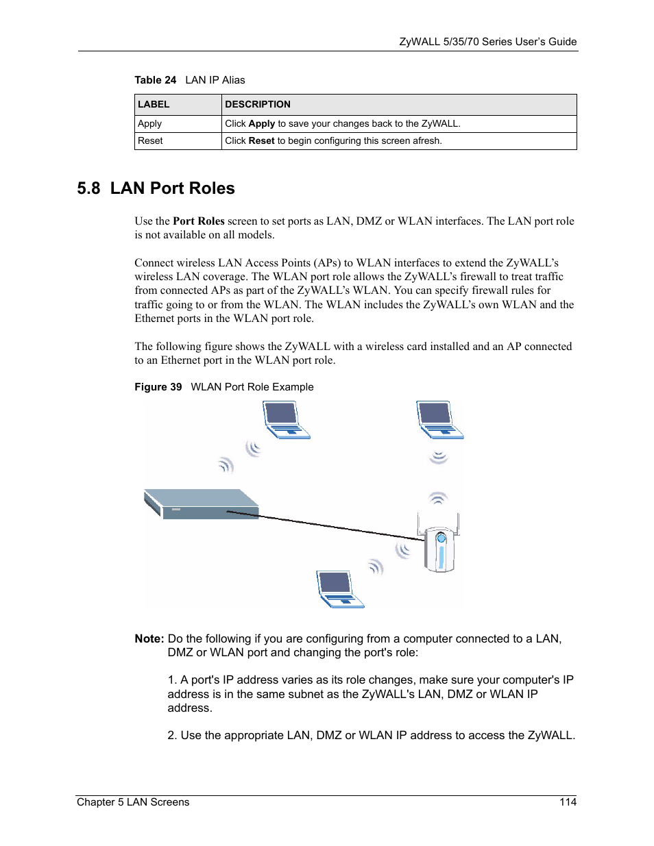 Figure 39 wlan port role example, 8 lan port roles | ZyXEL Communications Internet Security Appliance ZyWALL5UTM 4.0 User Manual | Page 114 / 803