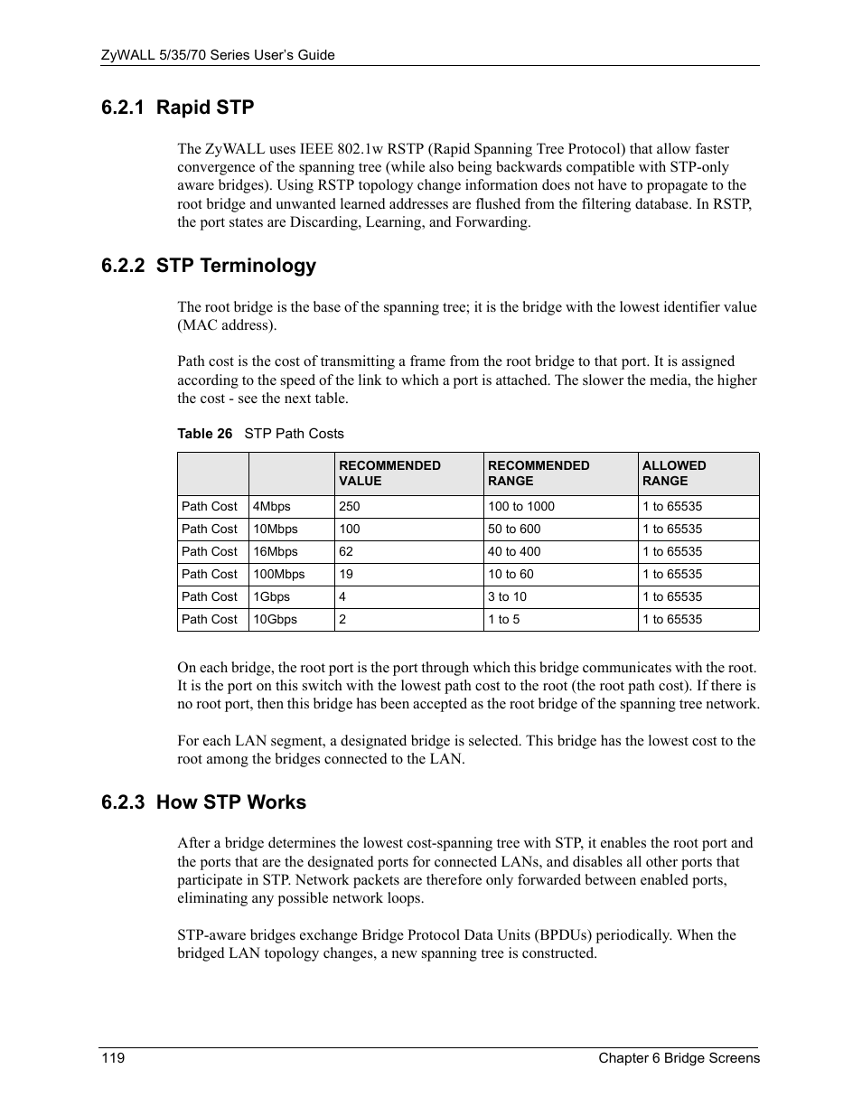 1 rapid stp, 2 stp terminology, 3 how stp works | Table 26 stp path costs | ZyXEL Communications Internet Security Appliance ZyWALL5UTM 4.0 User Manual | Page 119 / 803