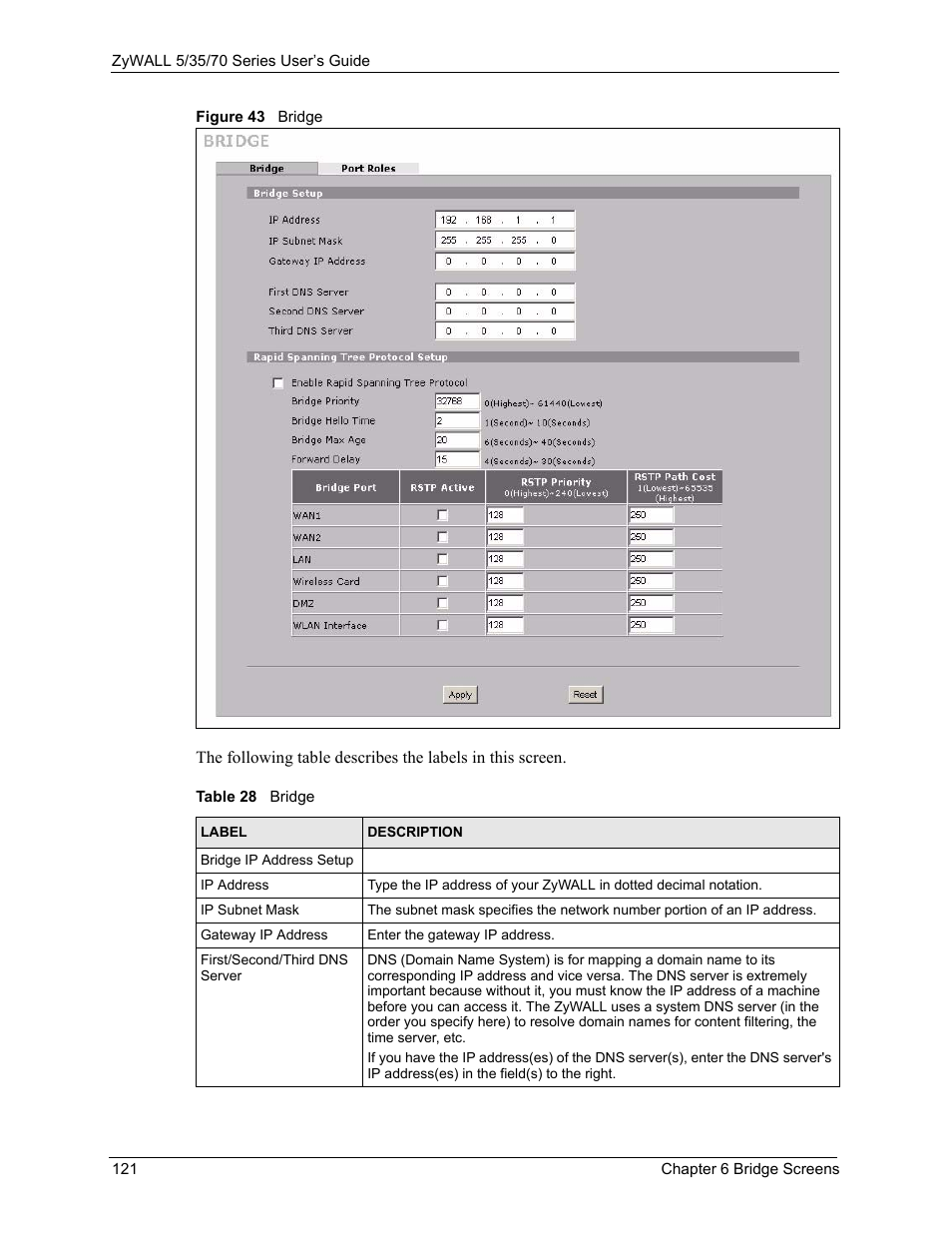 Figure 43 bridge, Table 28 bridge | ZyXEL Communications Internet Security Appliance ZyWALL5UTM 4.0 User Manual | Page 121 / 803