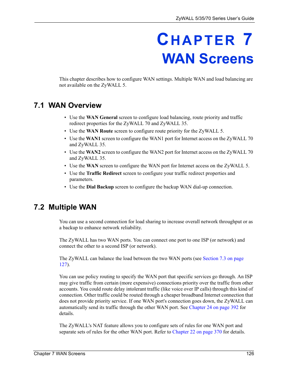 Wan screens, 1 wan overview, 2 multiple wan | Chapter 7 wan screens, 1 wan overview 7.2 multiple wan | ZyXEL Communications Internet Security Appliance ZyWALL5UTM 4.0 User Manual | Page 126 / 803