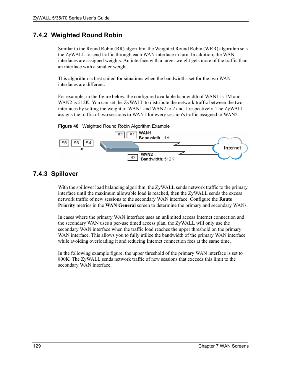 2 weighted round robin, 3 spillover, 2 weighted round robin 7.4.3 spillover | Figure 48 weighted round robin algorithm example | ZyXEL Communications Internet Security Appliance ZyWALL5UTM 4.0 User Manual | Page 129 / 803