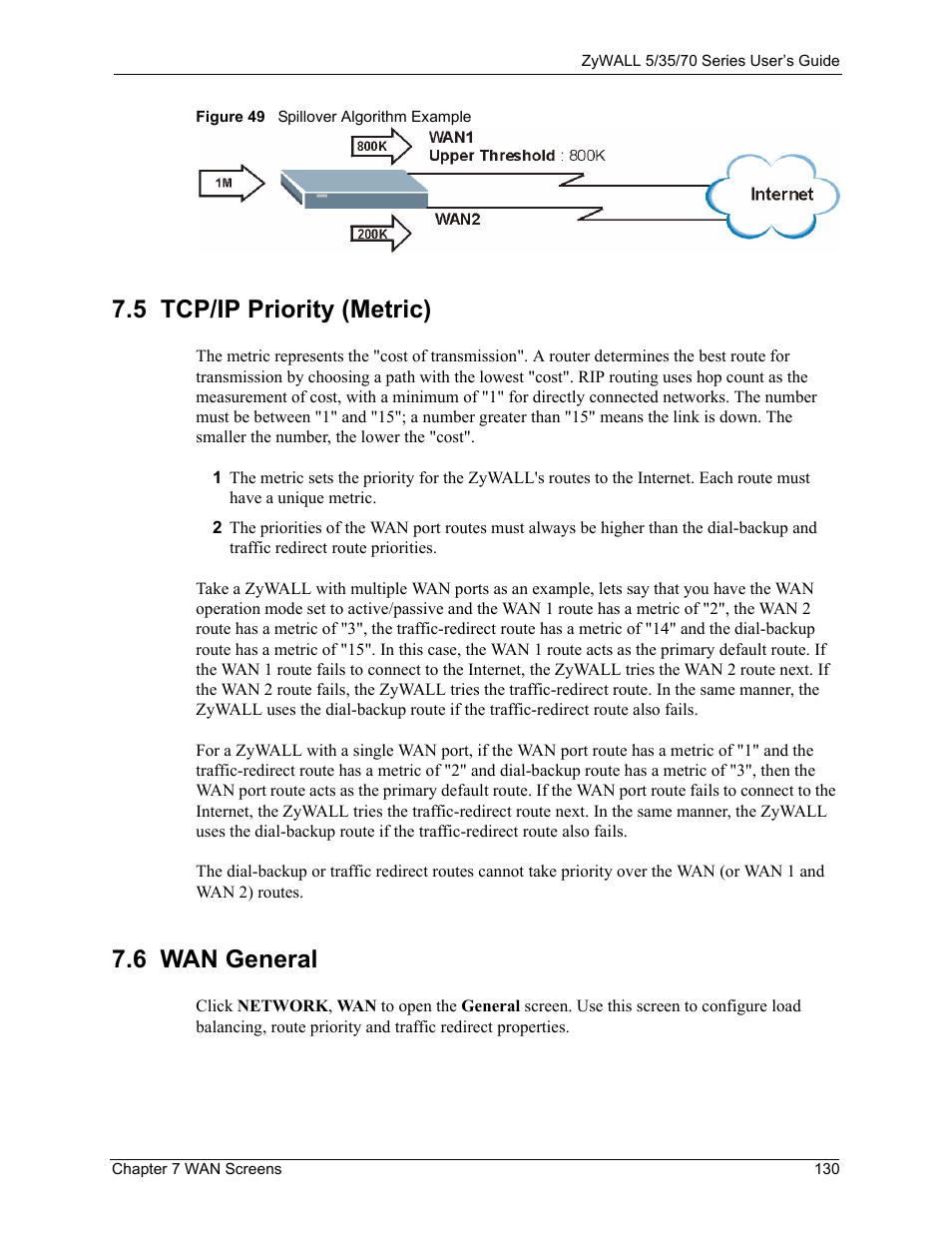 5 tcp/ip priority (metric), Figure 49 spillover algorithm example, 6 wan general | ZyXEL Communications Internet Security Appliance ZyWALL5UTM 4.0 User Manual | Page 130 / 803