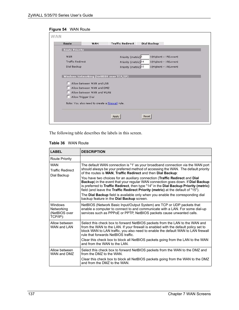 Figure 54 wan route, Table 36 wan route | ZyXEL Communications Internet Security Appliance ZyWALL5UTM 4.0 User Manual | Page 137 / 803