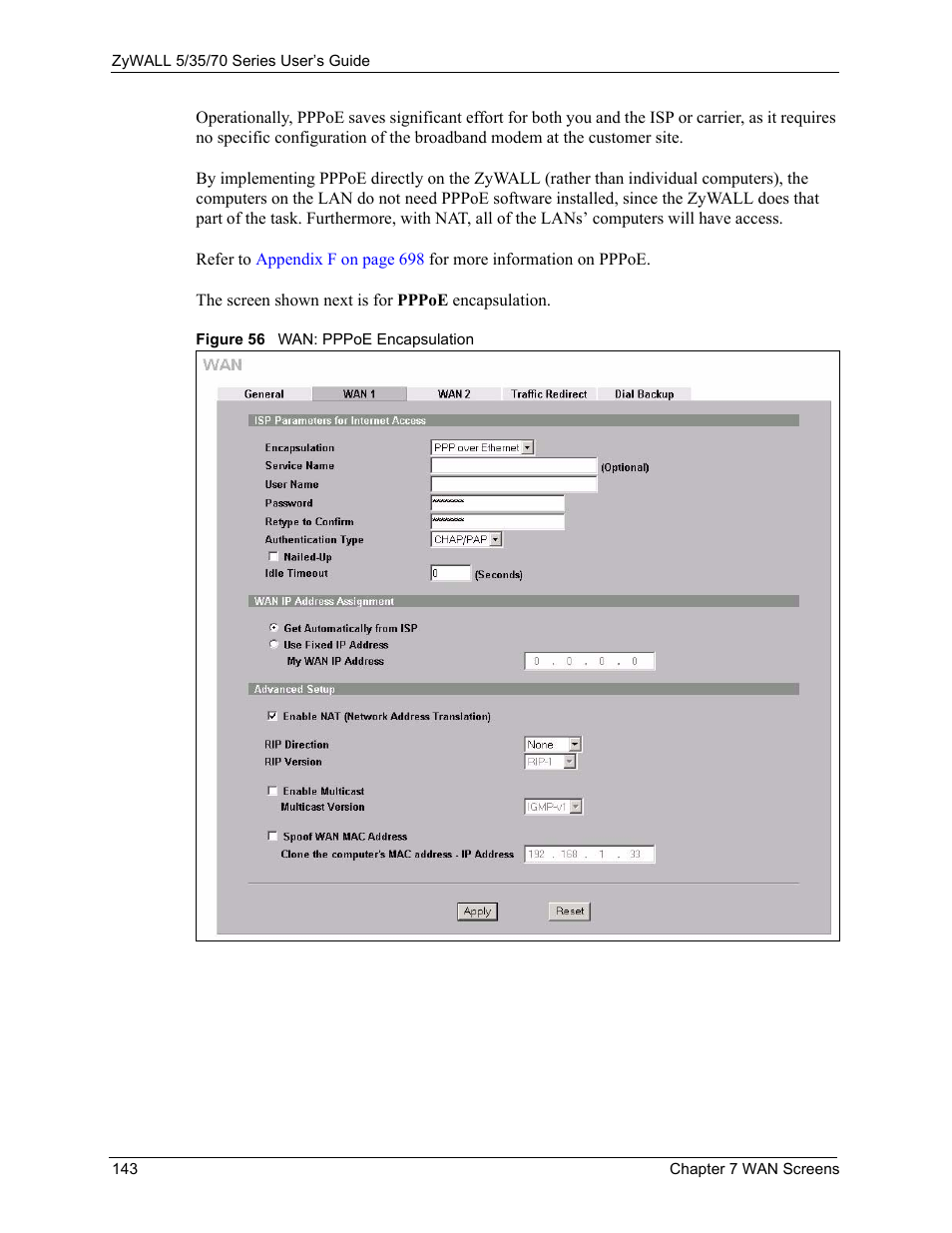 Figure 56 wan: pppoe encapsulation | ZyXEL Communications Internet Security Appliance ZyWALL5UTM 4.0 User Manual | Page 143 / 803