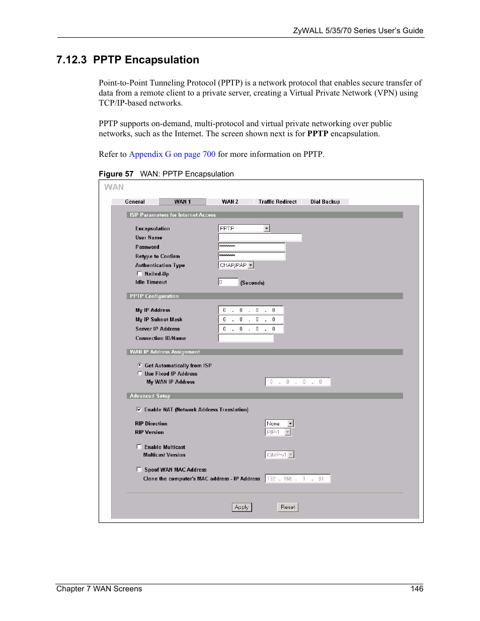 3 pptp encapsulation, Figure 57 wan: pptp encapsulation | ZyXEL Communications Internet Security Appliance ZyWALL5UTM 4.0 User Manual | Page 146 / 803